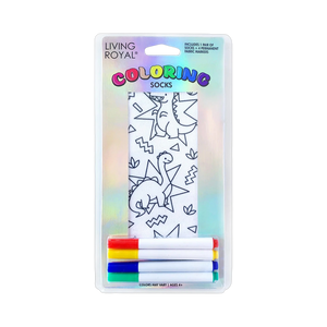 Product packaging showcasing the Dino Daze Coloring Socks and markers.