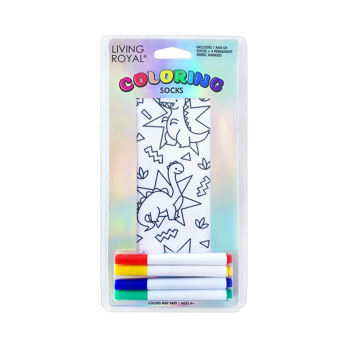 Product packaging showcasing the Dino Daze Coloring Socks and markers.