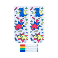 Pair of white ankle socks featuring colorful cartoon dinosaurs and geometric shapes. Includes four fabric markers for coloring.
