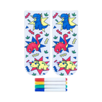 Pair of white ankle socks featuring colorful cartoon dinosaurs and geometric shapes. Includes four fabric markers for coloring.