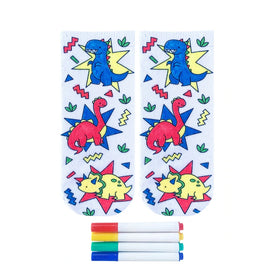 white crew socks with blue, red, and yellow dinosaur pattern. includes 4 markers for coloring: blue, red, yellow, and green.  
