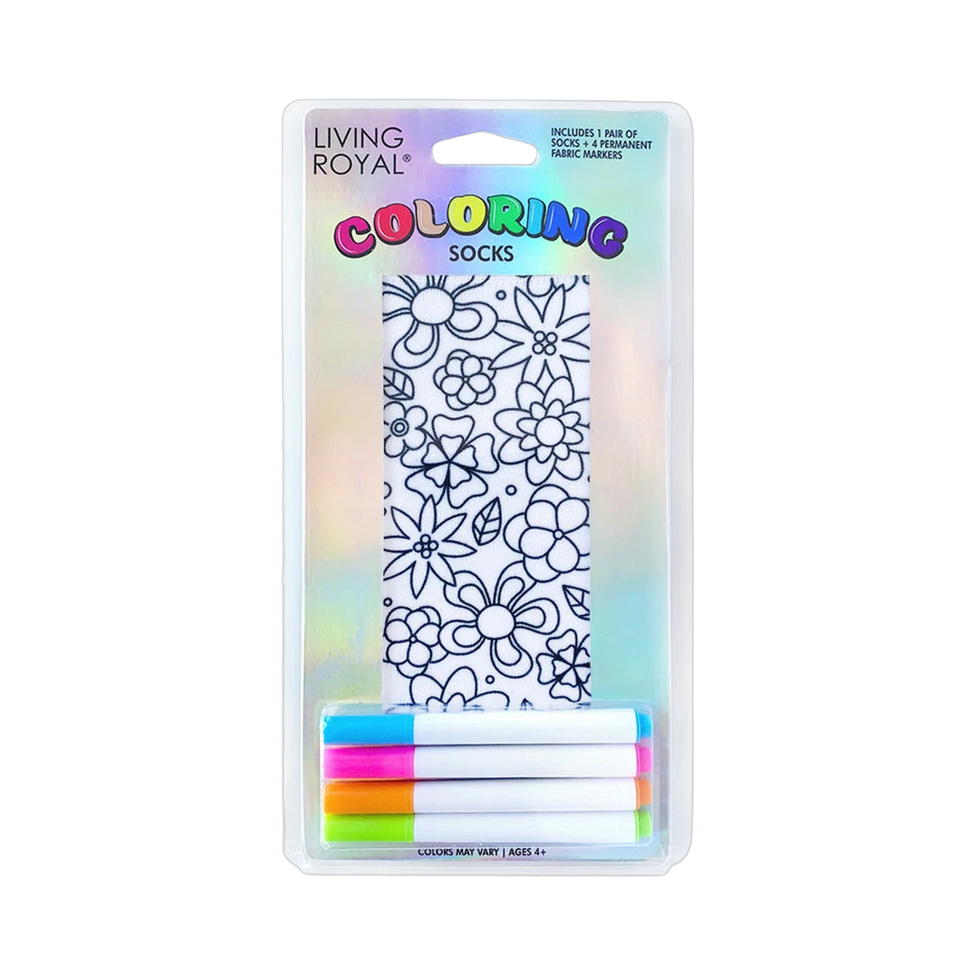 Packaging shot of Flower Party Coloring Socks showing the socks and included markers.