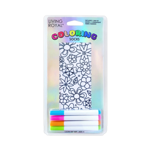 Packaging shot of Flower Party Coloring Socks showing the socks and included markers.