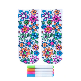 white socks with floral and leaf pattern, and 3 fabric markers in pink, blue and green.   