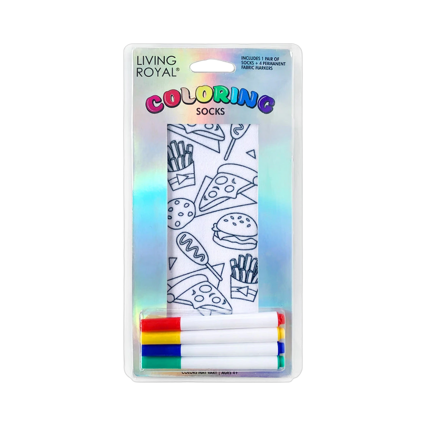 Package shot of Junk Food Life Coloring Socks showing the socks and markers on a retail display card.