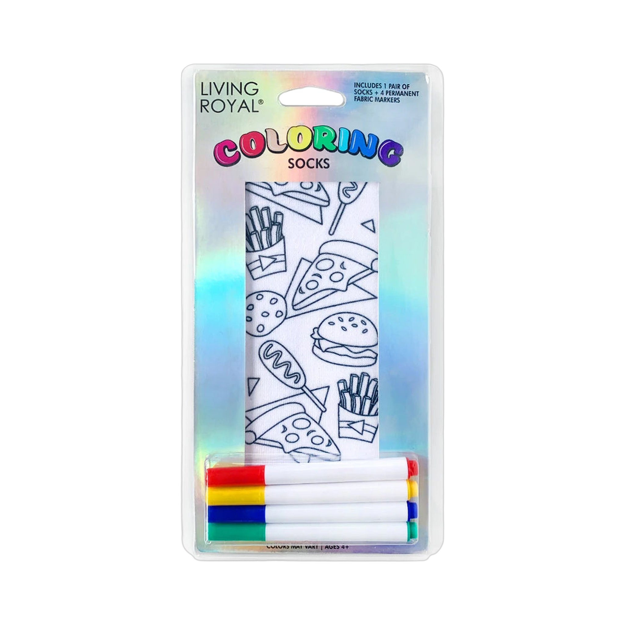 Package shot of Junk Food Life Coloring Socks showing the socks and markers on a retail display card.