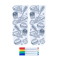 Pair of white crew socks featuring outline drawings of junk food like pizza, burgers, and fries.  Includes four fabric markers for coloring. [lf]