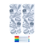 Pair of white crew socks featuring outline drawings of junk food like pizza, burgers, and fries.  Includes four fabric markers for coloring. [lf]