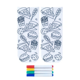 white crew socks with a black line drawing junk food pattern and 4 fabric markers in red, blue, green, and yellow.   