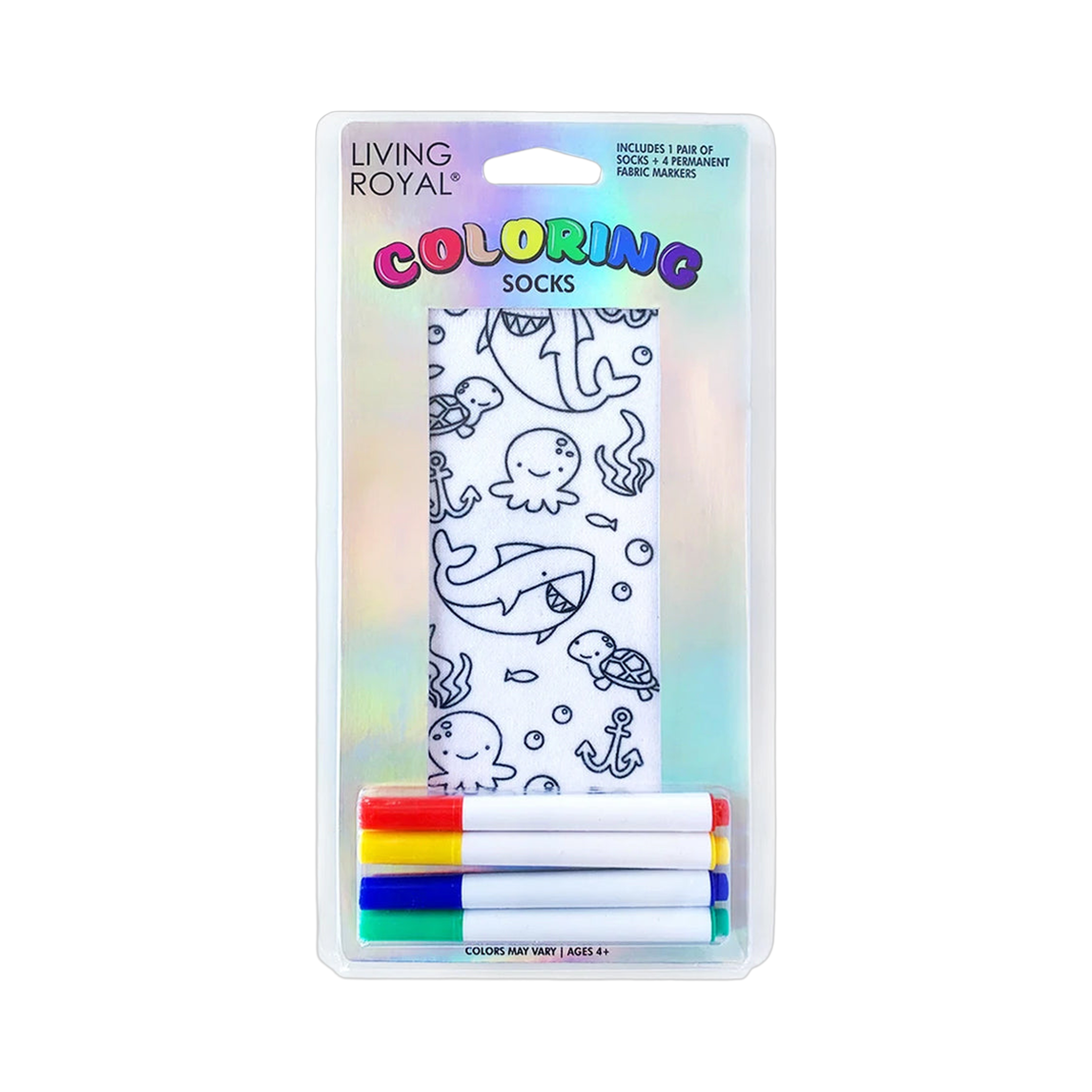 Packaging shot of Ocean Pals Coloring Socks showing the socks and four included fabric markers.