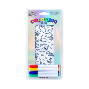 Packaging shot of Ocean Pals Coloring Socks showing the socks and four included fabric markers.