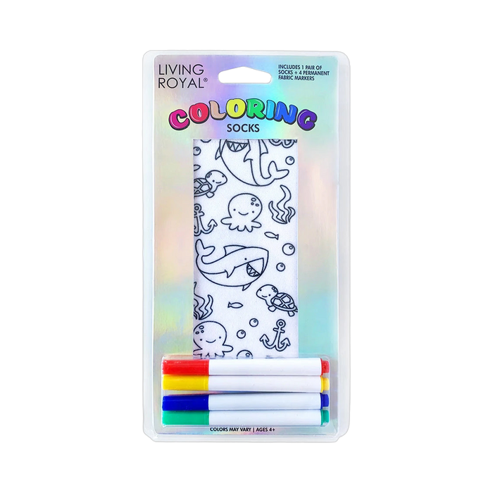 Packaging shot of Ocean Pals Coloring Socks showing the socks and four included fabric markers.