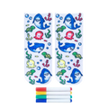 Pair of white ankle socks featuring a colorful ocean design with sharks, turtles, octopuses, and anchors. Includes four fabric markers. [lf]