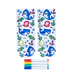 Pair of white ankle socks featuring a colorful ocean design with sharks, turtles, octopuses, and anchors. Includes four fabric markers. [lf]
