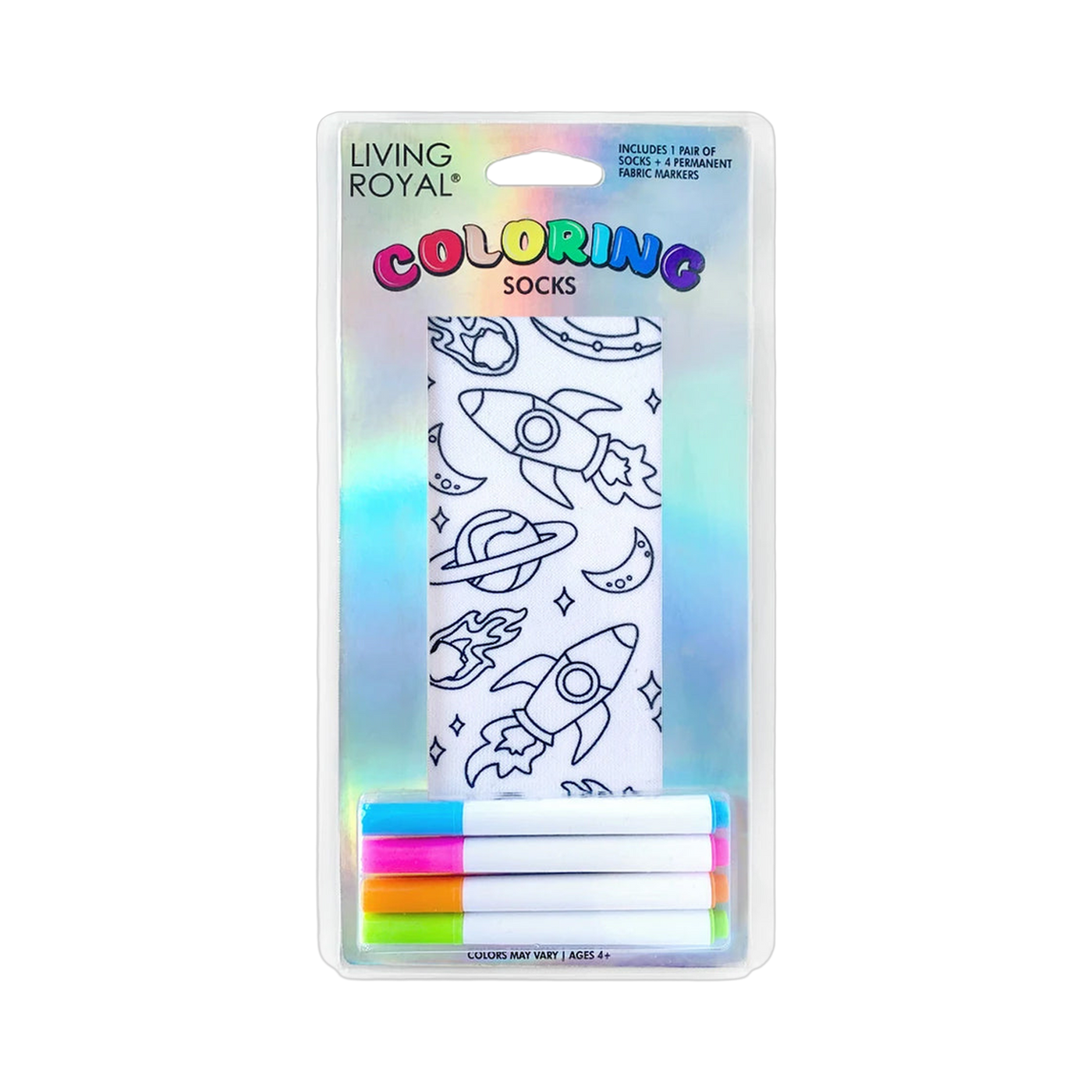 Product packaging showcasing a pair of Space Adventure Coloring Socks and four permanent fabric markers.