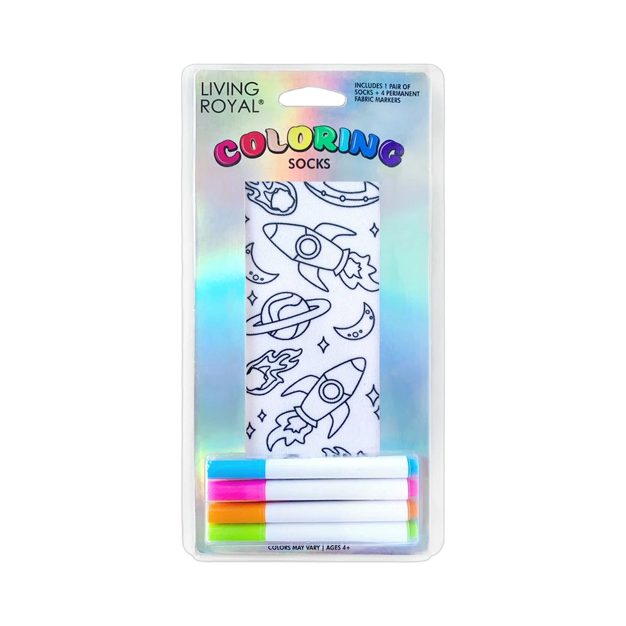 Product packaging showcasing a pair of Space Adventure Coloring Socks and four permanent fabric markers.