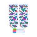 Pair of white ankle socks featuring a colorful space-themed design of rockets, planets, and UFOs.  Includes four fabric markers.