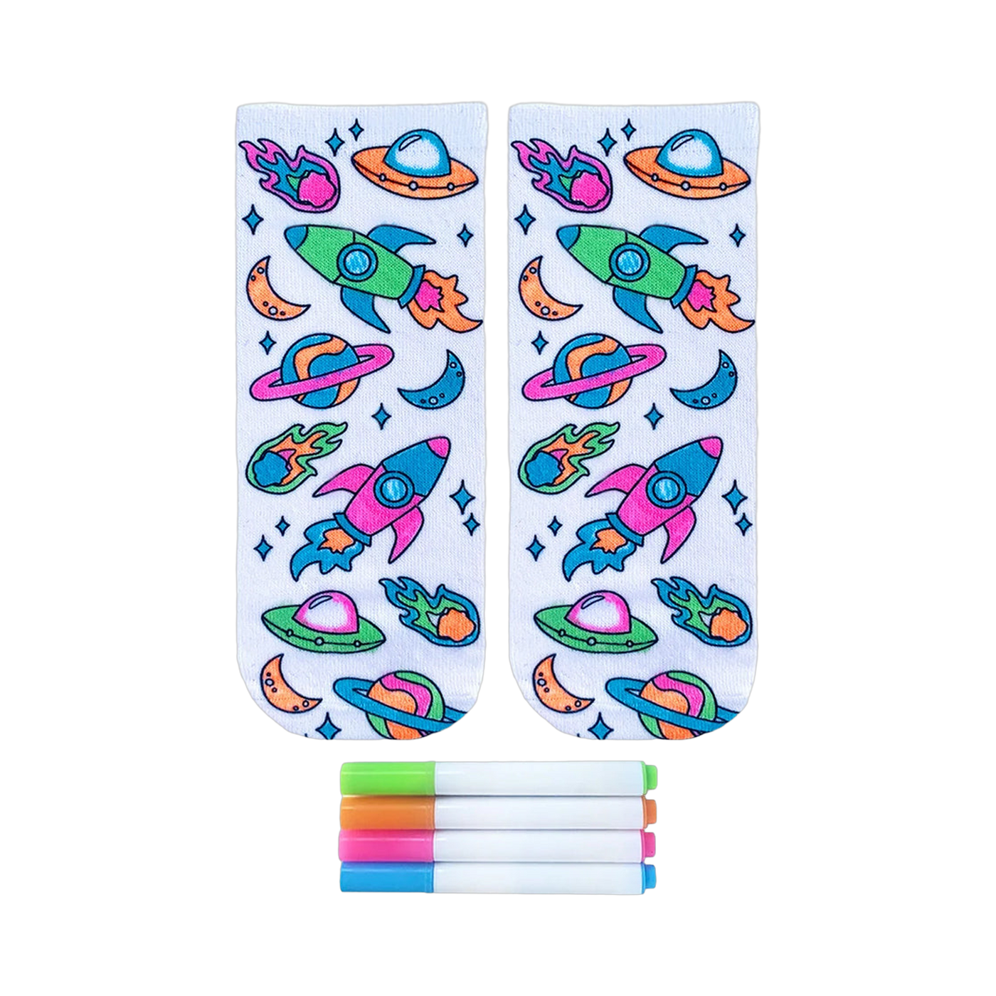 Pair of white ankle socks featuring a colorful space-themed design of rockets, planets, and UFOs.  Includes four fabric markers.