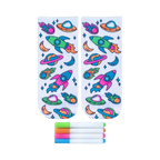 Pair of white ankle socks featuring a colorful space-themed design of rockets, planets, and UFOs.  Includes four fabric markers.