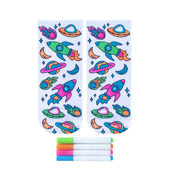 crew socks for women and kids featuring space-themed patterns, also includes four markers for coloring.  