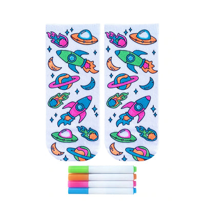 crew socks for women and kids featuring space-themed patterns, also includes four markers for coloring.  