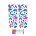 Pair of white ankle socks featuring unicorns, rainbows, stars, and lightning bolts. Includes four fabric markers in pink, blue, green, and orange. [lf]