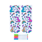 Pair of white ankle socks featuring unicorns, rainbows, stars, and lightning bolts. Includes four fabric markers in pink, blue, green, and orange. [lf]