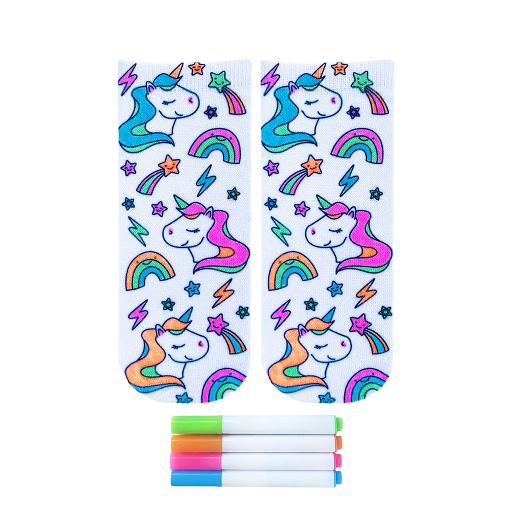 Pair of white ankle socks featuring unicorns, rainbows, stars, and lightning bolts. Includes four fabric markers in pink, blue, green, and orange. [lf]