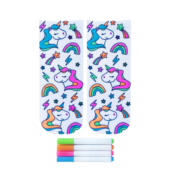Pair of white ankle socks featuring unicorns, rainbows, stars, and lightning bolts. Includes four fabric markers in pink, blue, green, and orange. [lf]