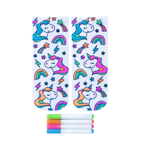 white crew socks with multicolored pattern of unicorns, rainbows, stars, and lightning bolts. designed for women and kids.  
