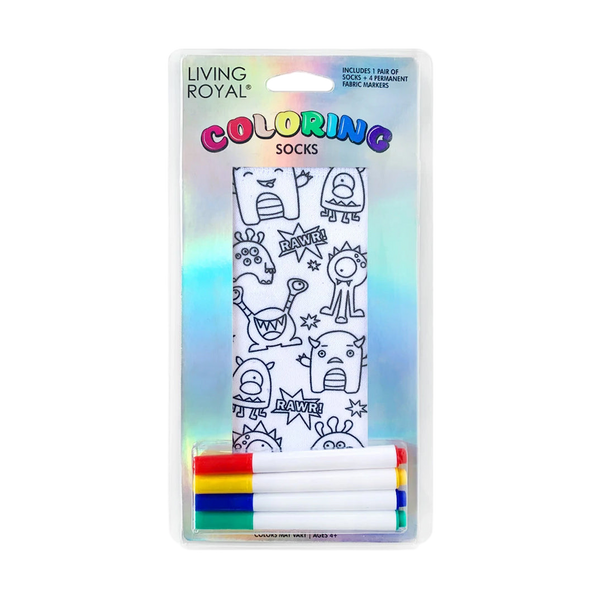 Product packaging showing the socks and markers.  Living Royal brand. [lf]
