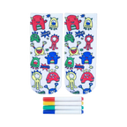 Pair of white ankle socks with colorful cartoon monsters and 'Rawr!' text. Includes four fabric markers.