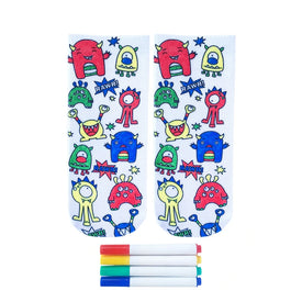 kids' crew socks feature a white background with colorful monster illustrations that can be colored with included markers.   