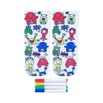Pair of white ankle socks with colorful cartoon monsters and 'Rawr!' text. Includes four fabric markers.