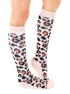 Lifestyle shot showing a woman's legs wearing the coral and black leopard print knee-high socks. [lf]