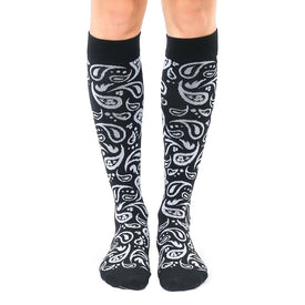 black and white paisley patterned knee-high socks for women.  