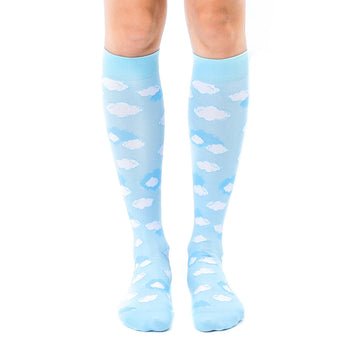knee-high socks in light blue with white cloud pattern, for men and women.  