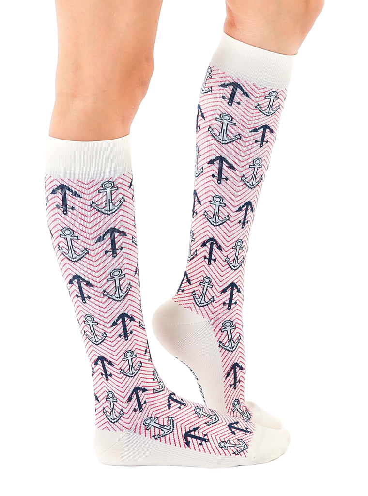 Lifestyle shot of a person wearing the Anchor knee-high socks, showcasing the fit and style. [lf]