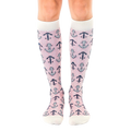 Pair of women's knee-high socks in white with a red and navy anchor and herringbone pattern. [lf]
