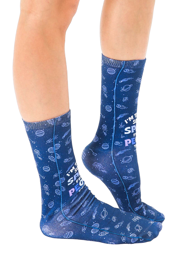 Lifestyle shot: Person wearing the 'Space From People' socks, showing them from the side. [lf]