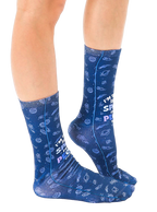 Lifestyle shot: Person wearing the 'Space From People' socks, showing them from the side. [lf]