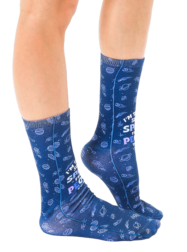 Lifestyle shot: Person wearing the 'Space From People' socks, showing them from the side. [lf]