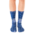 Pair of navy blue crew socks with a whimsical space-themed design, planets, shooting stars, and the text 'I'm taking some space from people today'. [lf]