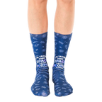Pair of navy blue crew socks with a whimsical space-themed design, planets, shooting stars, and the text 'I'm taking some space from people today'. [lf]