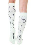 Back view of mint green Pulse socks. Shows the design and the Living Royal logo on the heel. [lf]