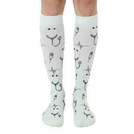 medical symbol print knee-high white socks for men and women.  