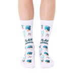 White crew socks with a repeating pattern of potted plants and the text 'Plant Manager' in teal and pink. [lf]