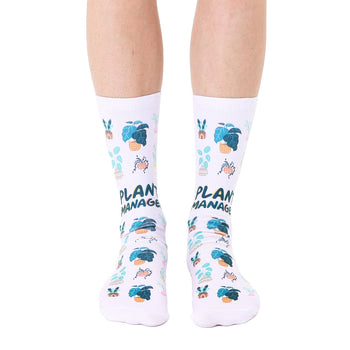 plant manager gardening socks in green and blue with black text.  