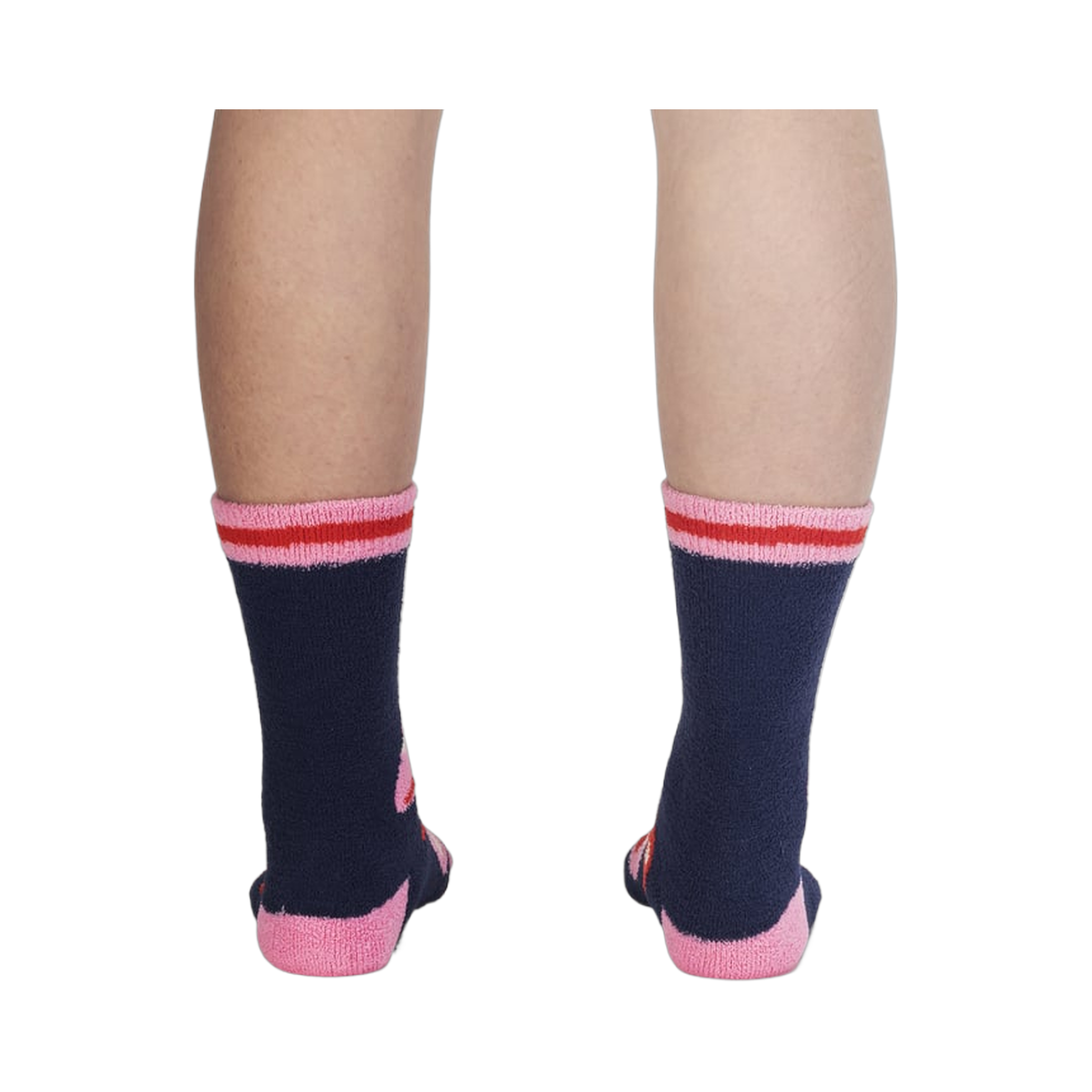 Back view of the socks on a person's legs, highlighting the design details from the back.