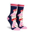 Pair of navy blue fuzzy slipper socks with a whimsical stacked mushroom design in pink and red. Features pink and red stripes at the cuff.